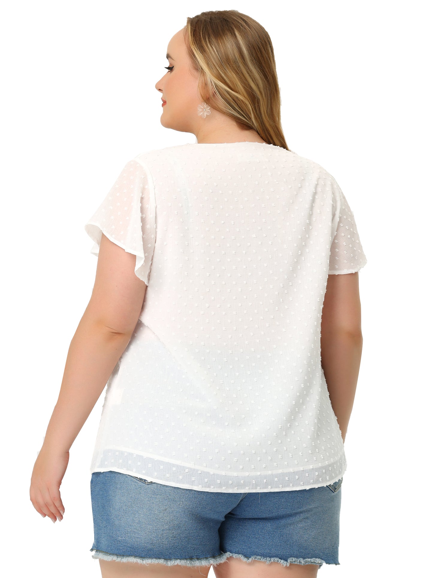 Women Plus Size Swiss Dots Blouse V Neck Summer Short Sleeve Casual Top