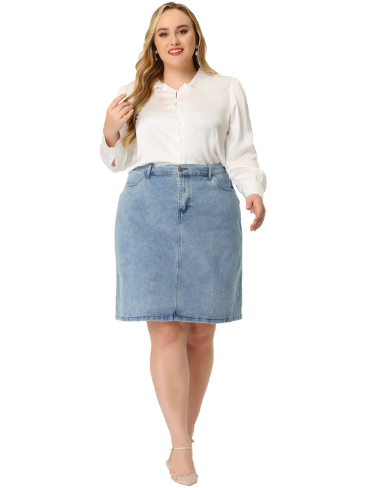 Women Plus Size Jean Skirt Classic Basic 4-Pocket Denim Pencil Skirt with Slit