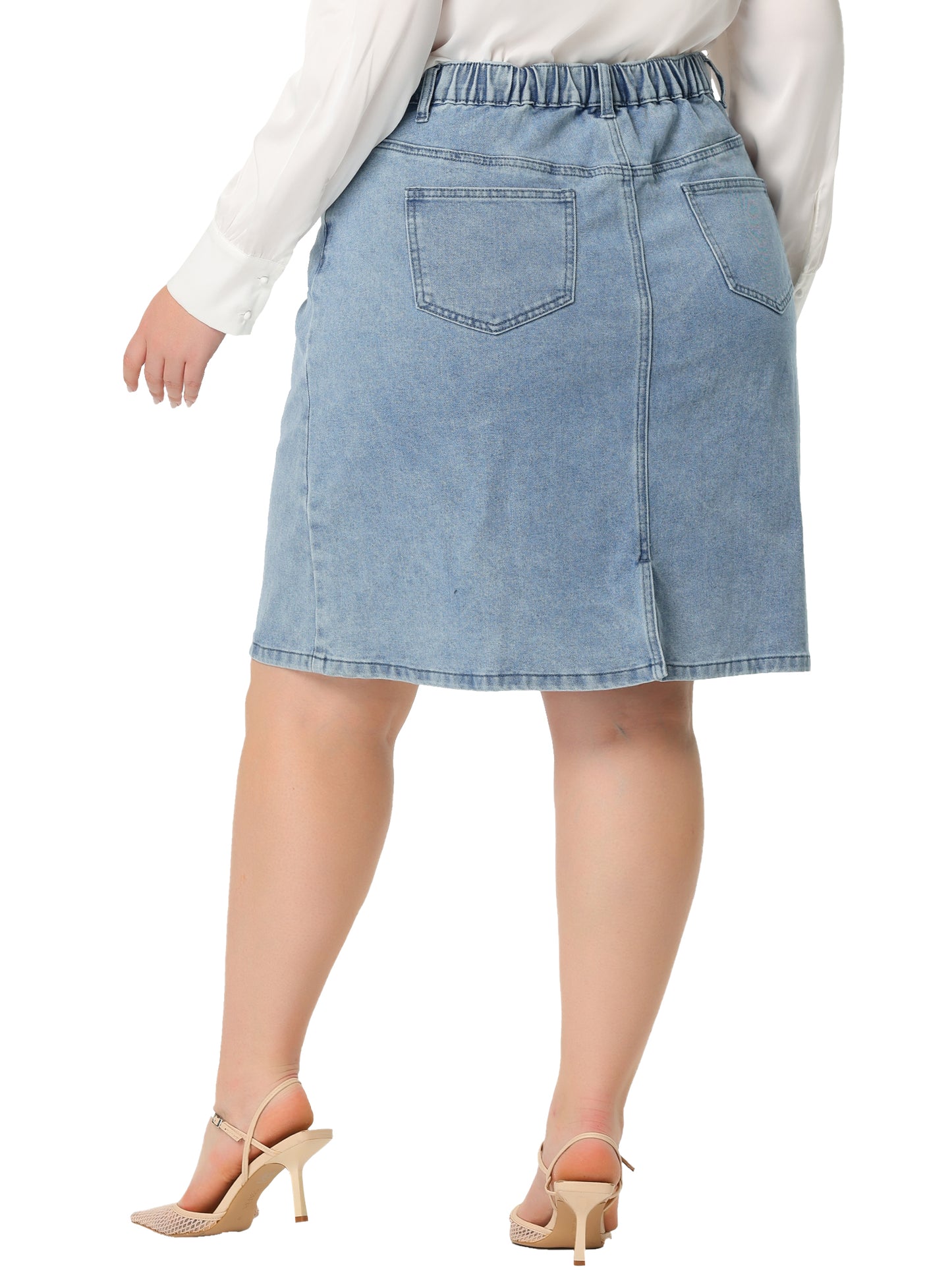 Women Plus Size Jean Skirt Classic Basic 4-Pocket Denim Pencil Skirt with Slit