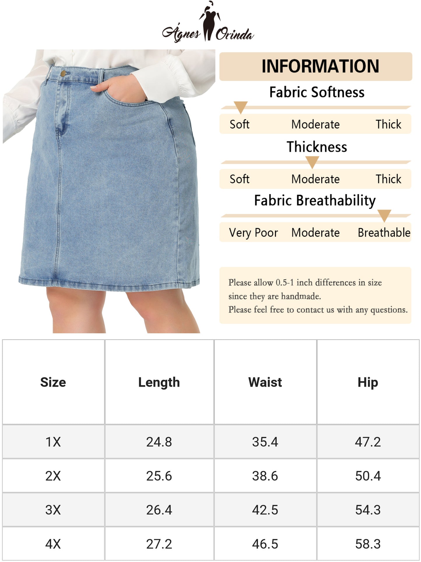 Women Plus Size Jean Skirt Classic Basic 4-Pocket Denim Pencil Skirt with Slit