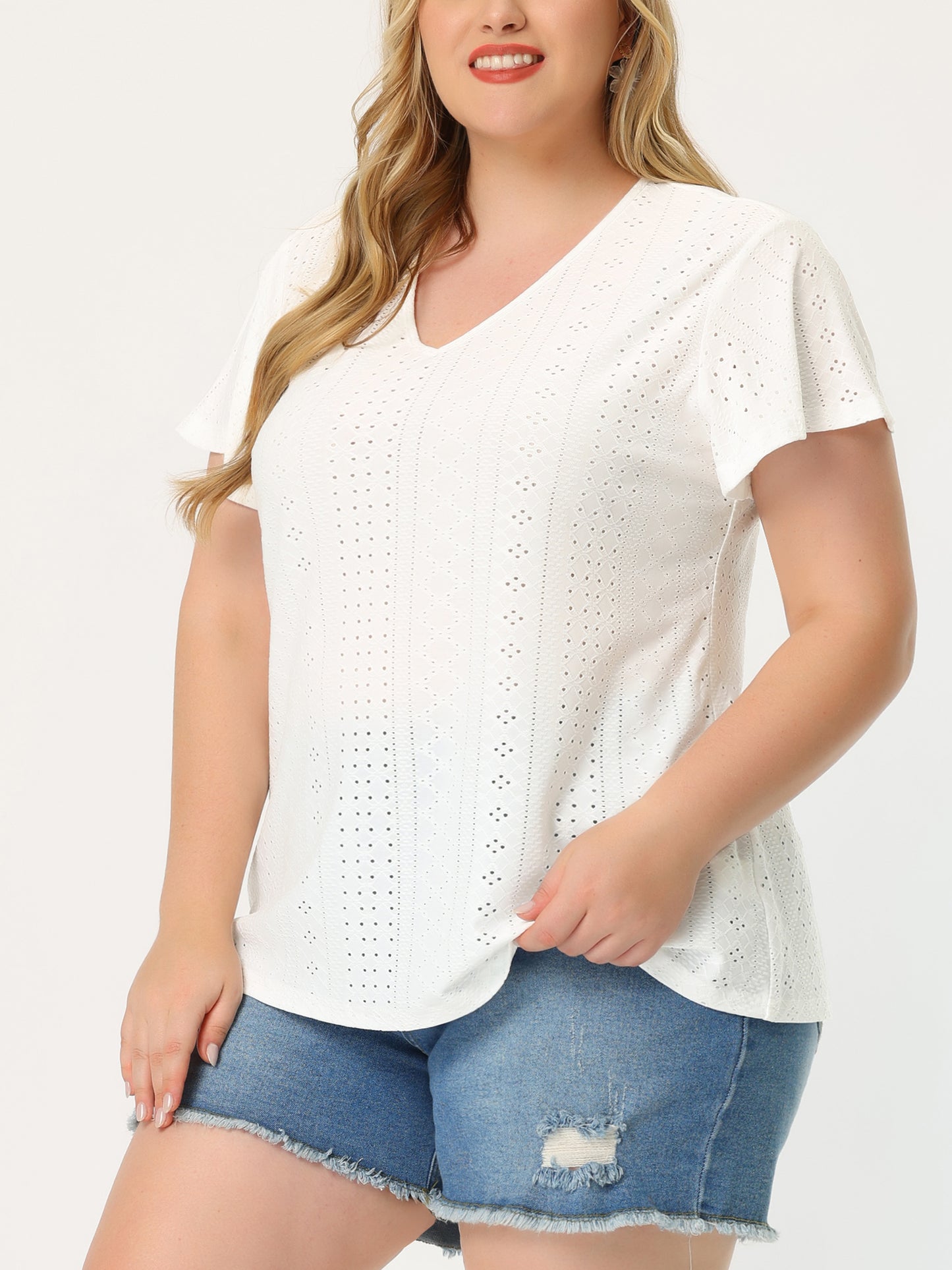 Women's Plus Size Summer Tee V Neck Hollow Flare Short Sleeve Casual Top Tunic