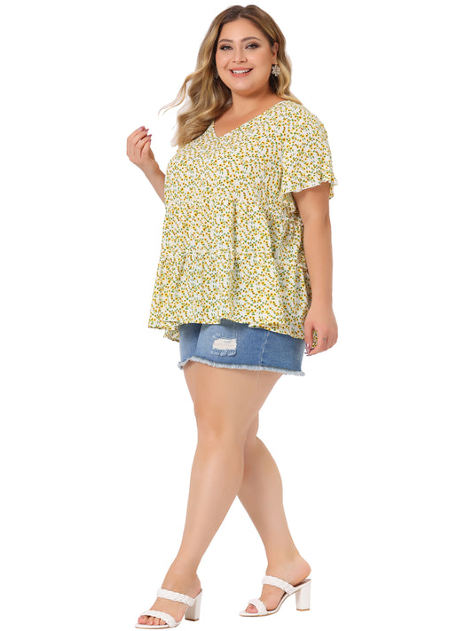 Women's Plus Size Blouse Summer Tops V Neck Short Sleeve Boho Floral Babydolls Blouse