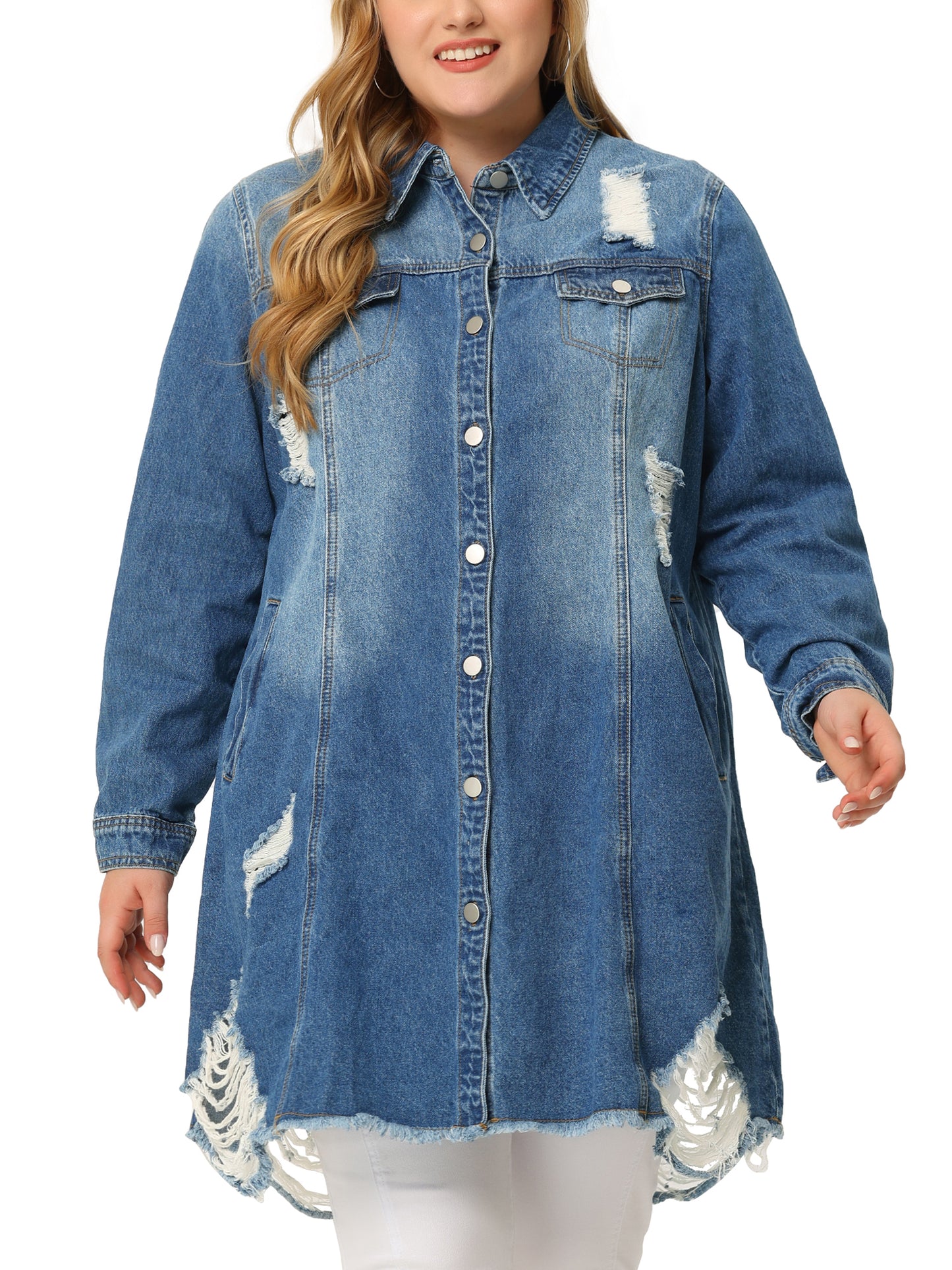 Women Plus Size Jean Jacket Distressed Long Sleeve Oversized Denim Trucker Jacket