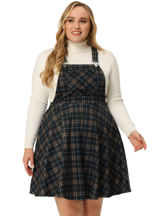 Women's Plus Size Casual Plaid Printed Overall Pinafore Dress Swing Adjustable Straps Dress