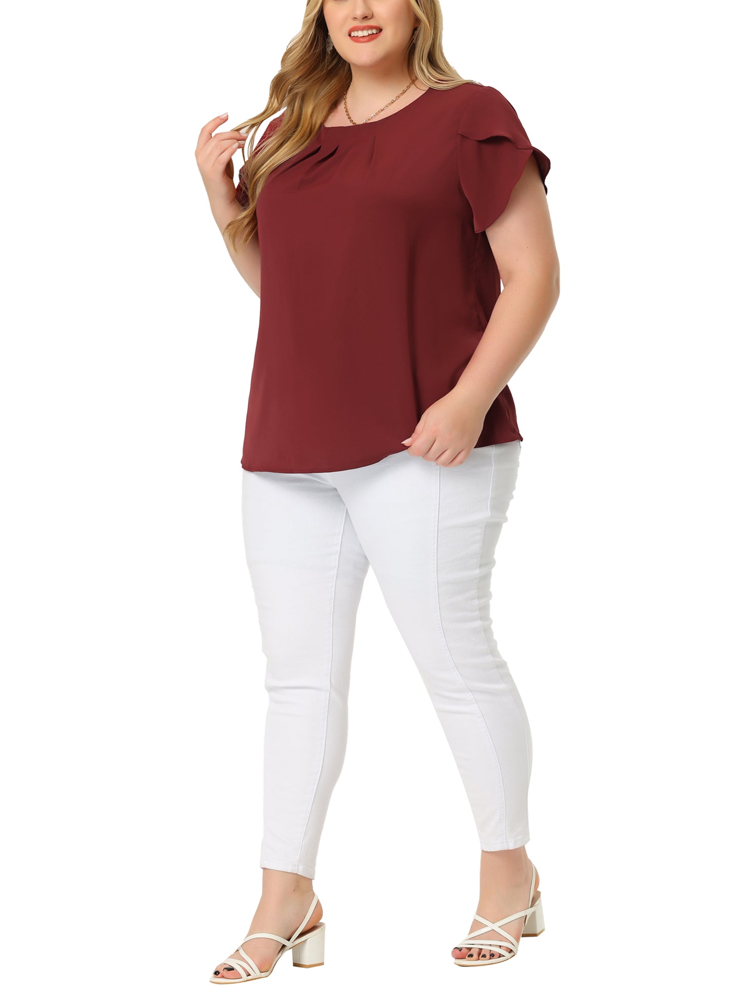 Women Plus Size Work Top Round Neck Pleated Tulip Sleeves Blouse Summer Top