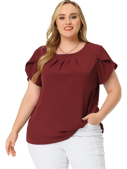 Women Plus Size Work Top Round Neck Pleated Tulip Sleeves Blouse Summer Top
