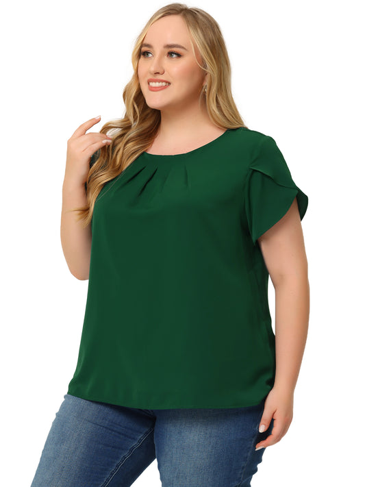Women Plus Size Work Top Round Neck Pleated Tulip Sleeves Blouse Summer Top