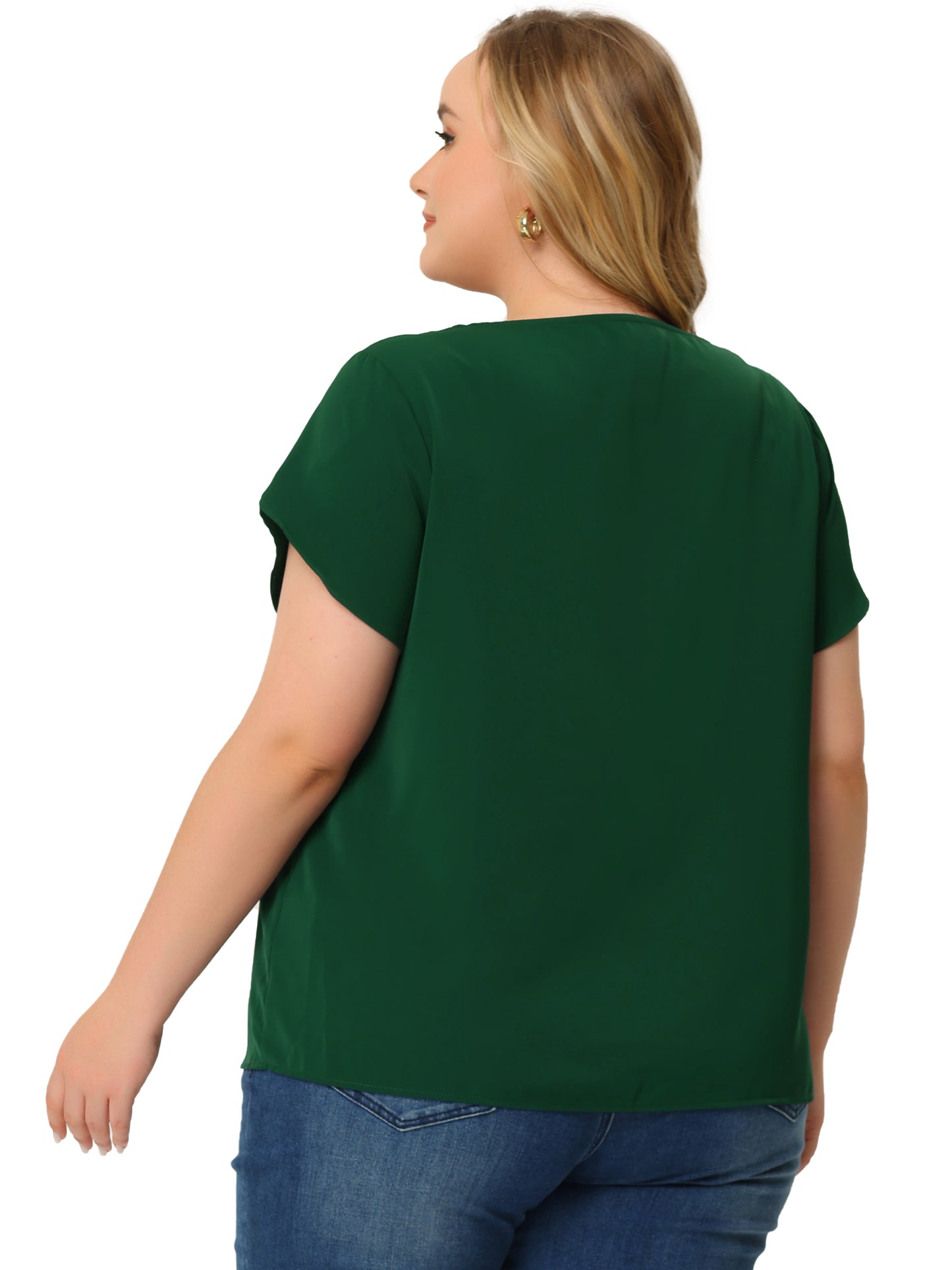 Women Plus Size Work Top Round Neck Pleated Tulip Sleeves Blouse Summer Top