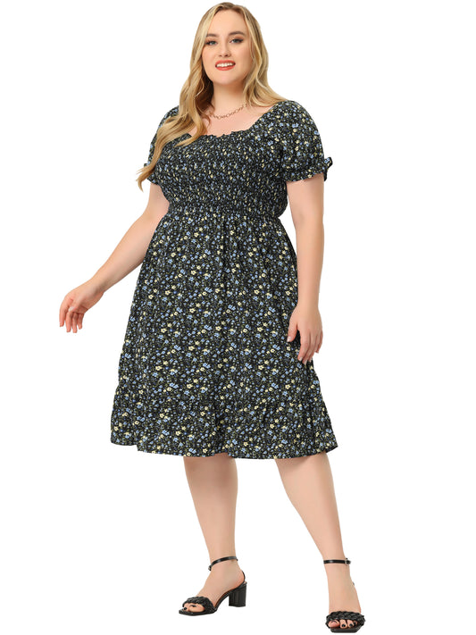 Women Plus Size Dress Ruffle Short Sleeve Flared Flowy Smock Floral Print Dress