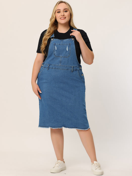 Women's Plus Size Overalls Dresses Jean Skirt Distressed Racerback Suspender Denim Overall Dress