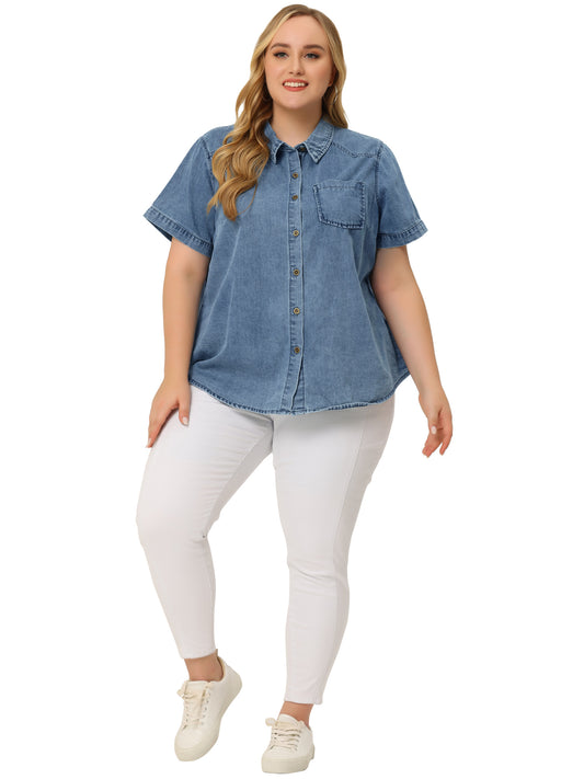 Women Plus Size Denim Shirt Jean Western Shirts Short Sleeve Button Down Top