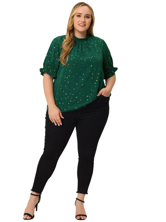 Women Plus Size Blouse Work Office Pleated Mock Neck Star Print Puff Sleeve Top