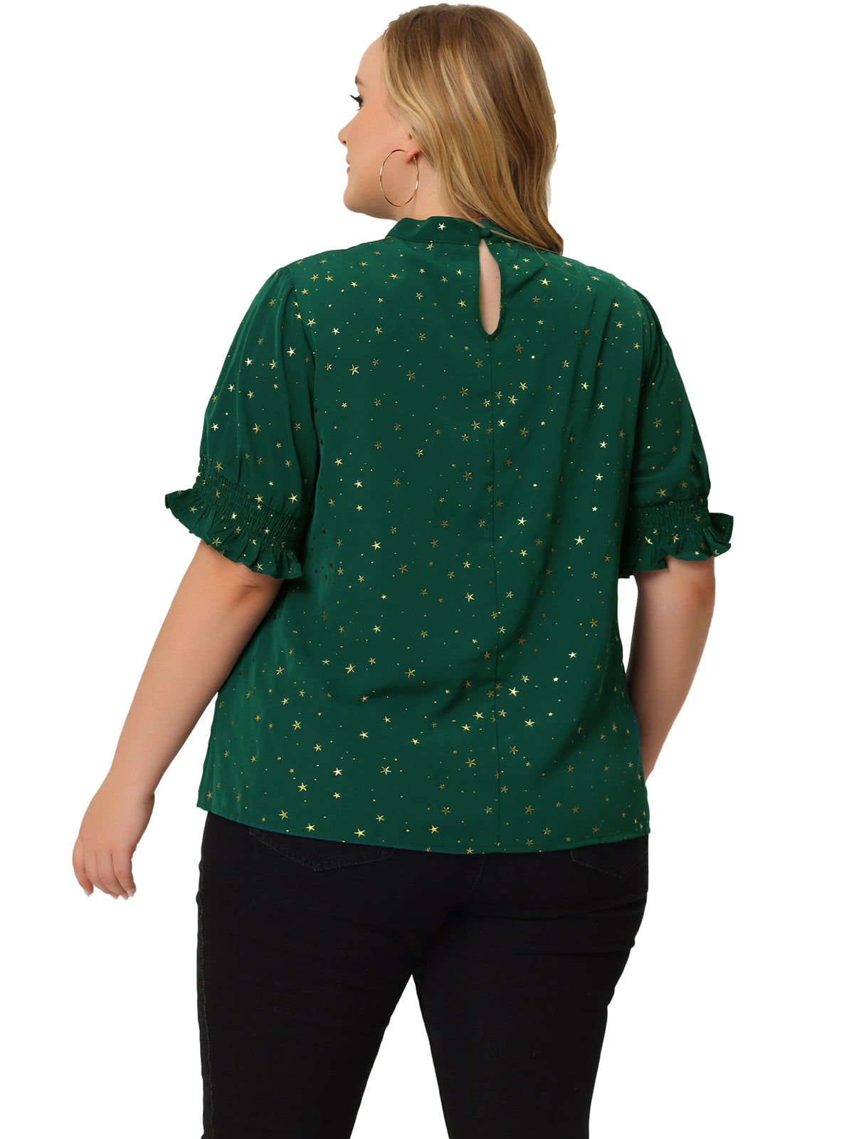 [PACK SALES] Women's Plus Size 2 Piece Star Print Tops Sparkly Pleated Mock Neck Puff Sleeve Casual Blouse