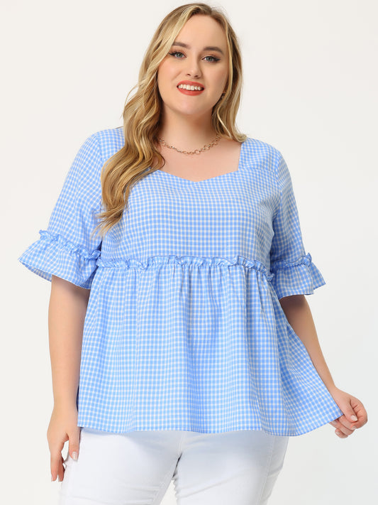 Women Plus Size Gingham Top Sweetheart Plaid Summer Neck Ruffle Sleeve Babydolls Blouse