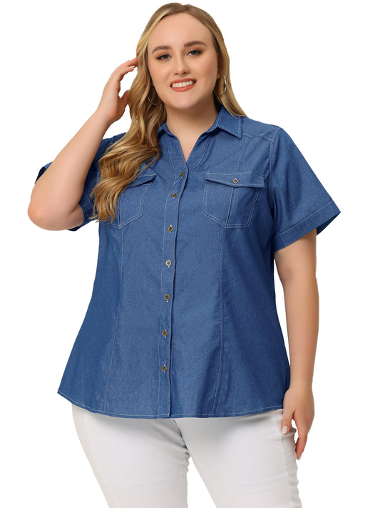 Women Plus Size Chambray Shirt Work Short Sleeve Chambray Button Down Top