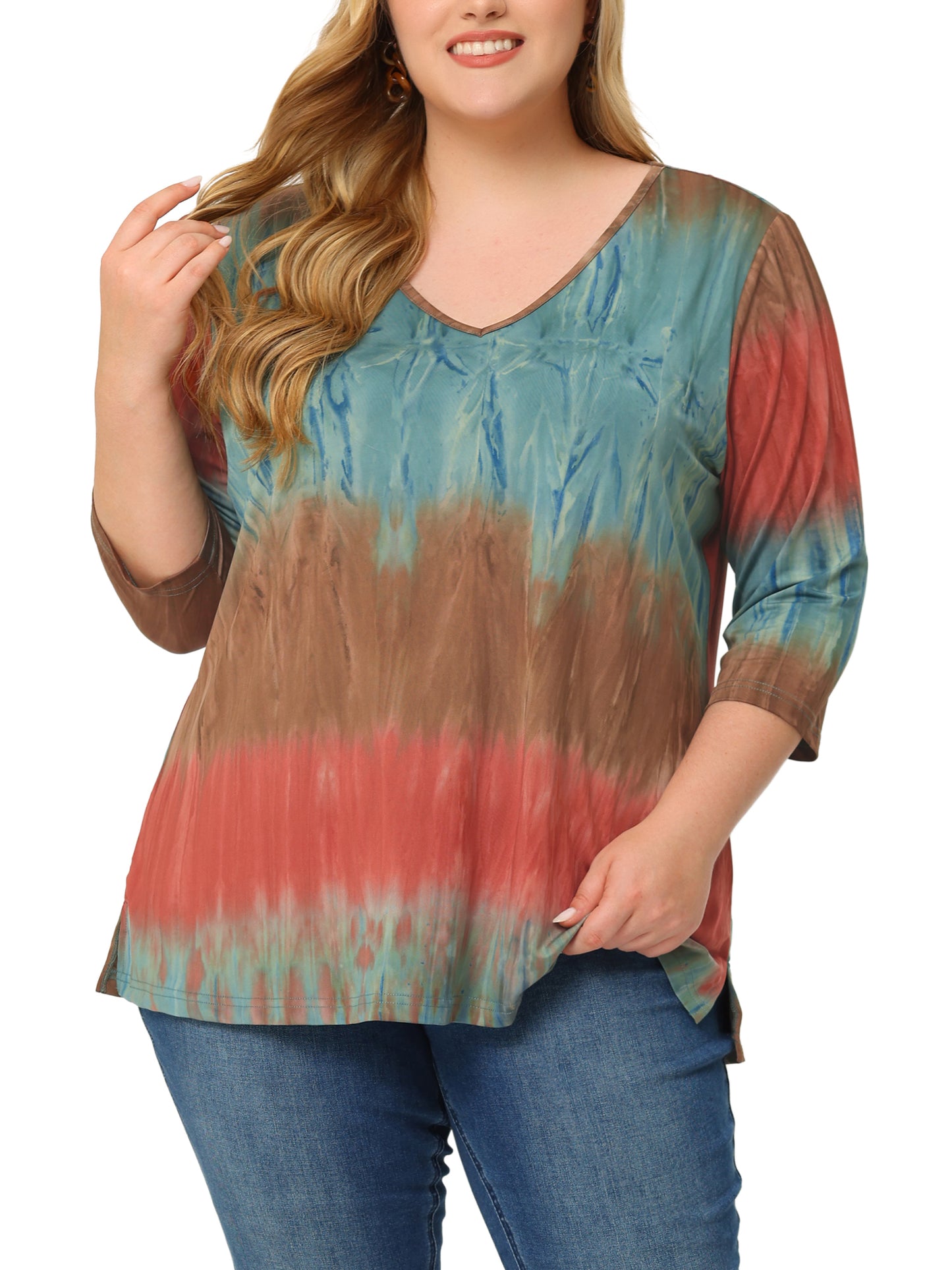 Women Plus Size T Shirt V Neck 3/4 Sleeve Loose Casual Blouse Striped Tie Dye Print