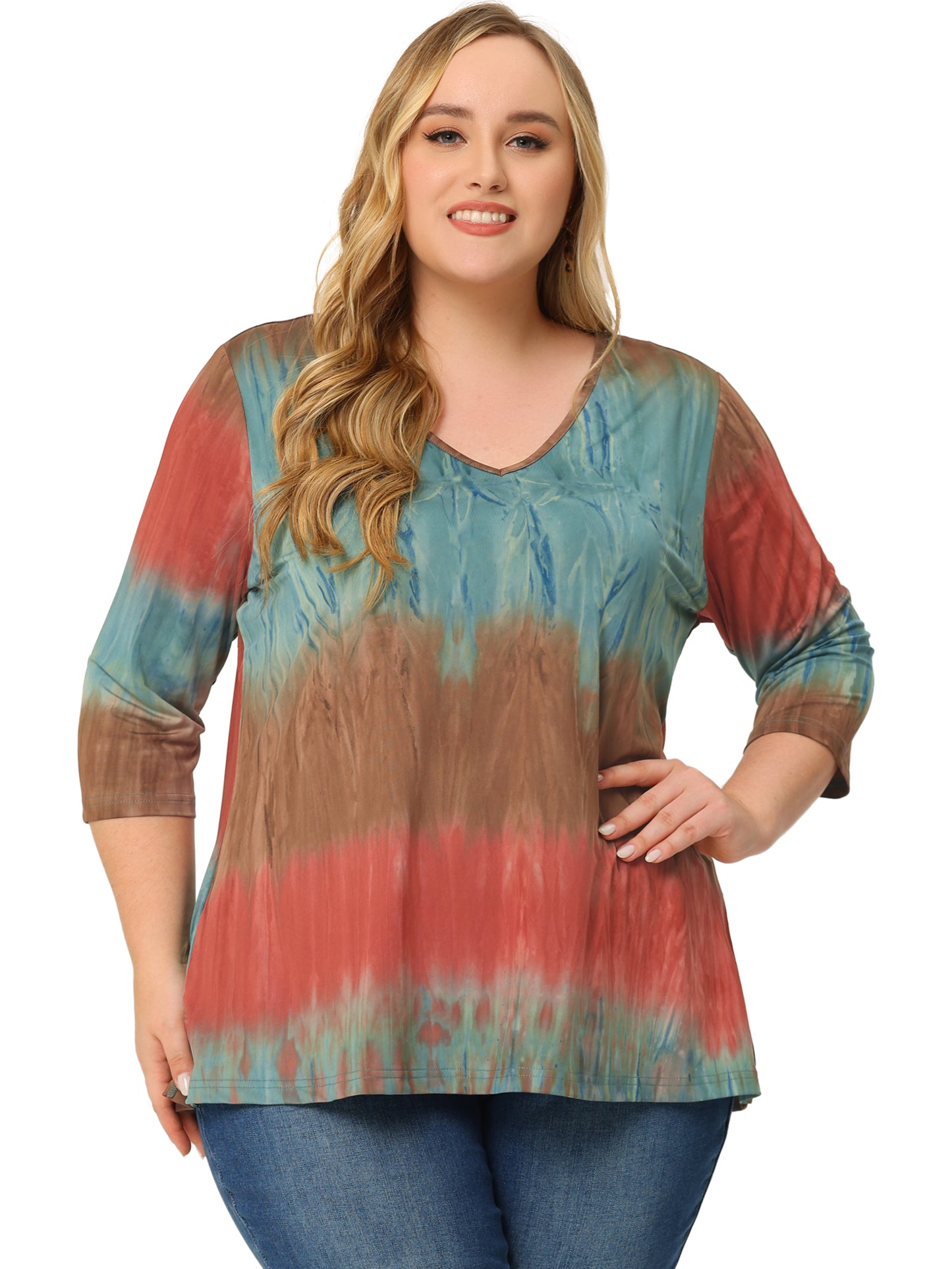 Women Plus Size T Shirt V Neck 3/4 Sleeve Loose Casual Blouse Striped Tie Dye Print