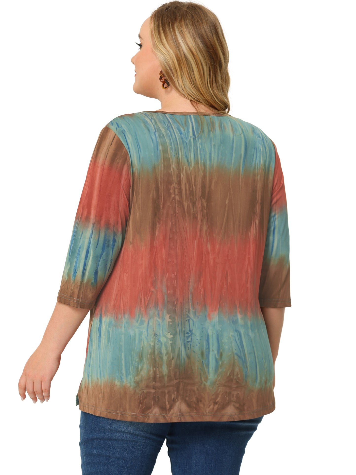 Women Plus Size T Shirt V Neck 3/4 Sleeve Loose Casual Blouse Striped Tie Dye Print