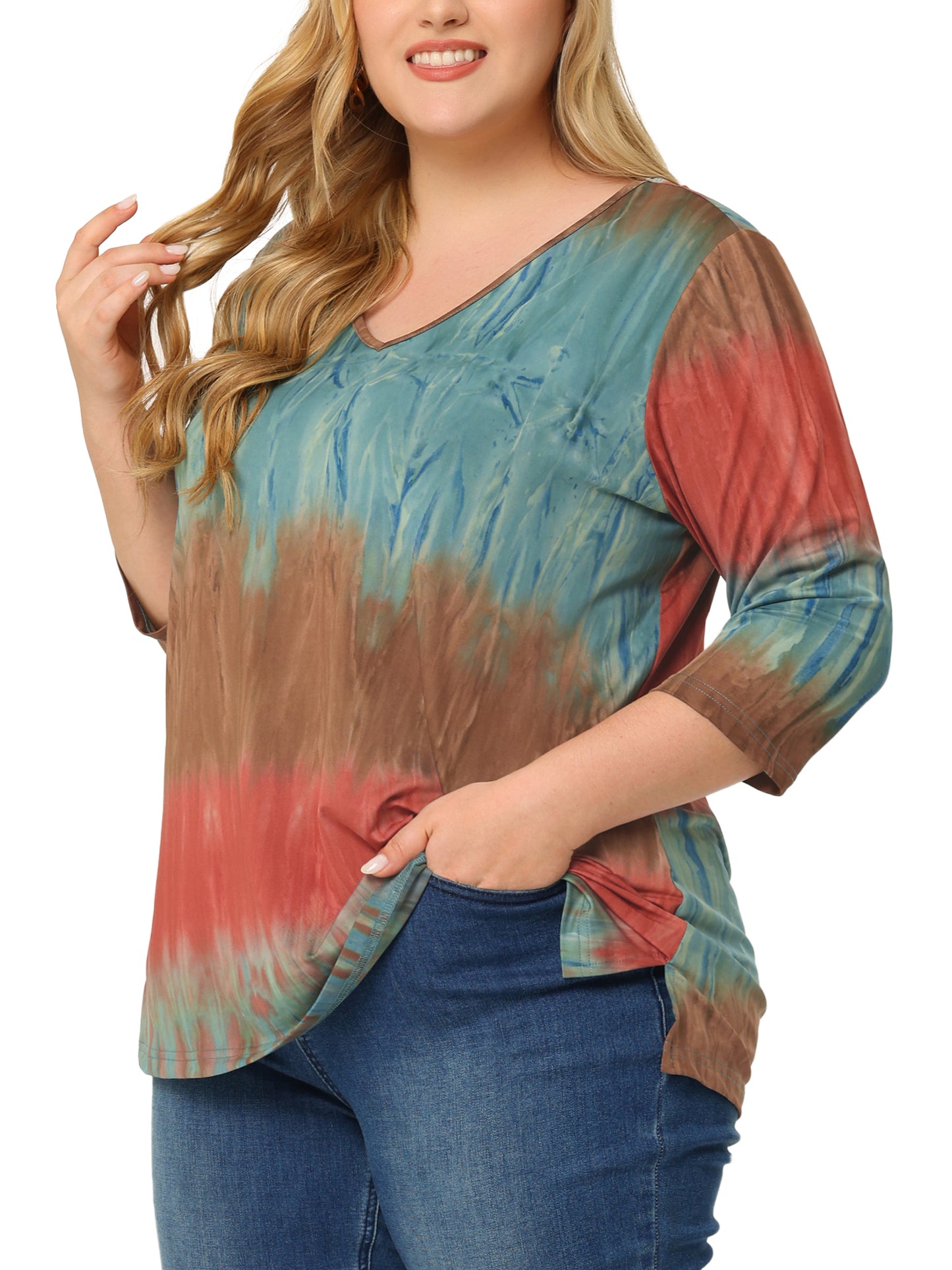 Women Plus Size T Shirt V Neck 3/4 Sleeve Loose Casual Blouse Striped Tie Dye Print