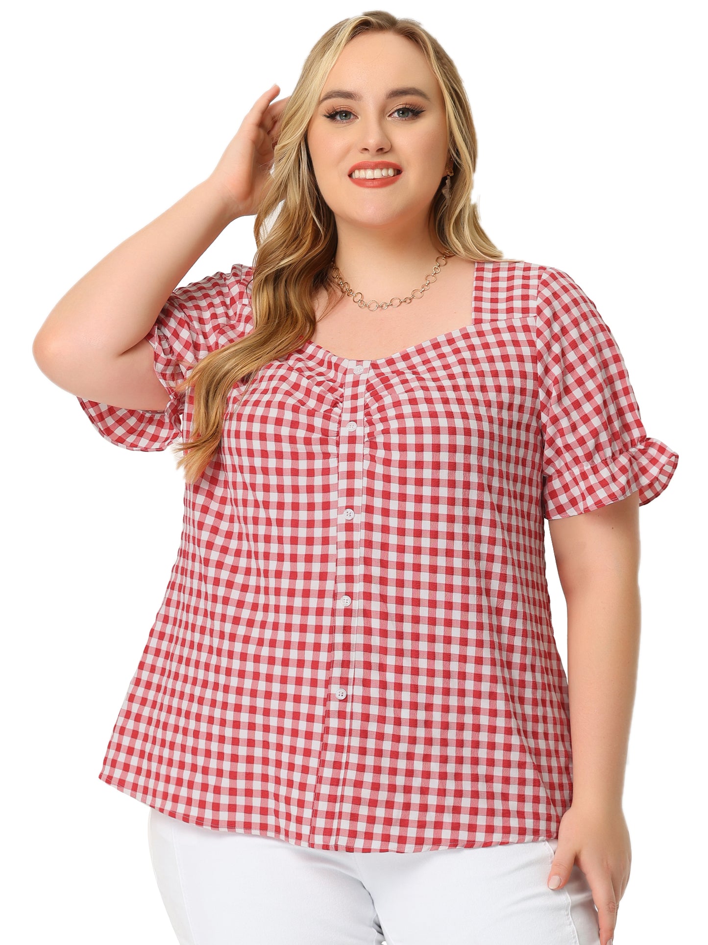 Women's Plus Size Gingham Tops Vintage Sweetheart V Neck Puff Short Sleeve Summer Blouse Top