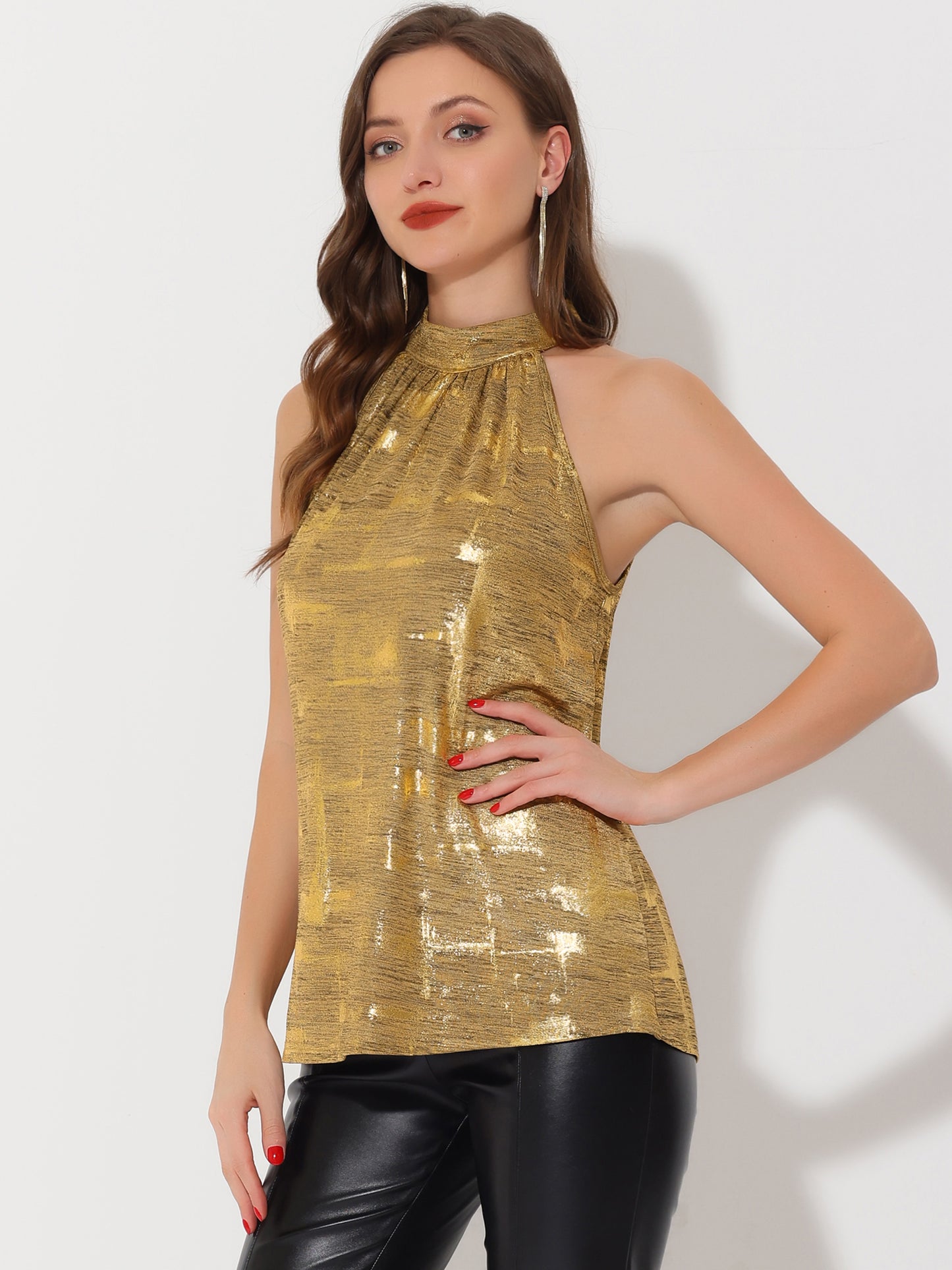 Women Shiny Sleeveless Halter Tops Party Club Cocktail Vest Tank Camisole Top