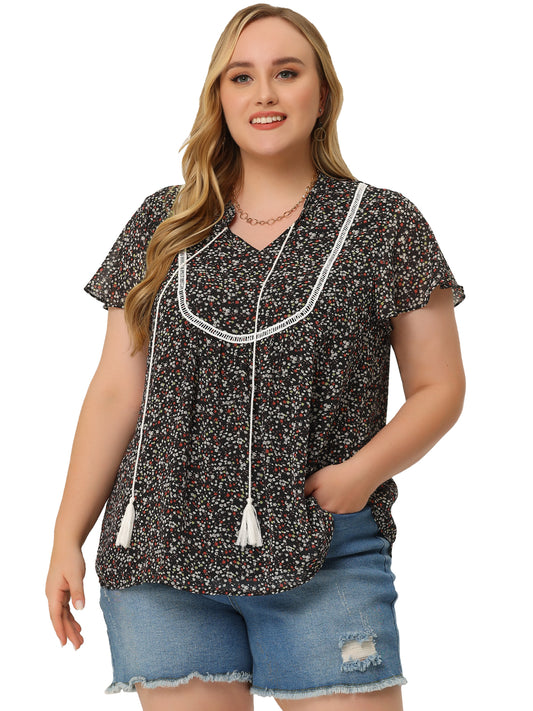 Women's Plus Size Floral Printed Bib Peasant Blouses Tie Neck Keyhole Summer Boho Top
