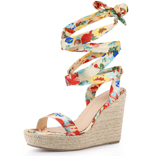 Sandalias de cuña con plataforma y estampado floral para mujer