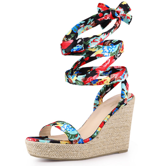 Sandalias de cuña con plataforma y estampado floral para mujer