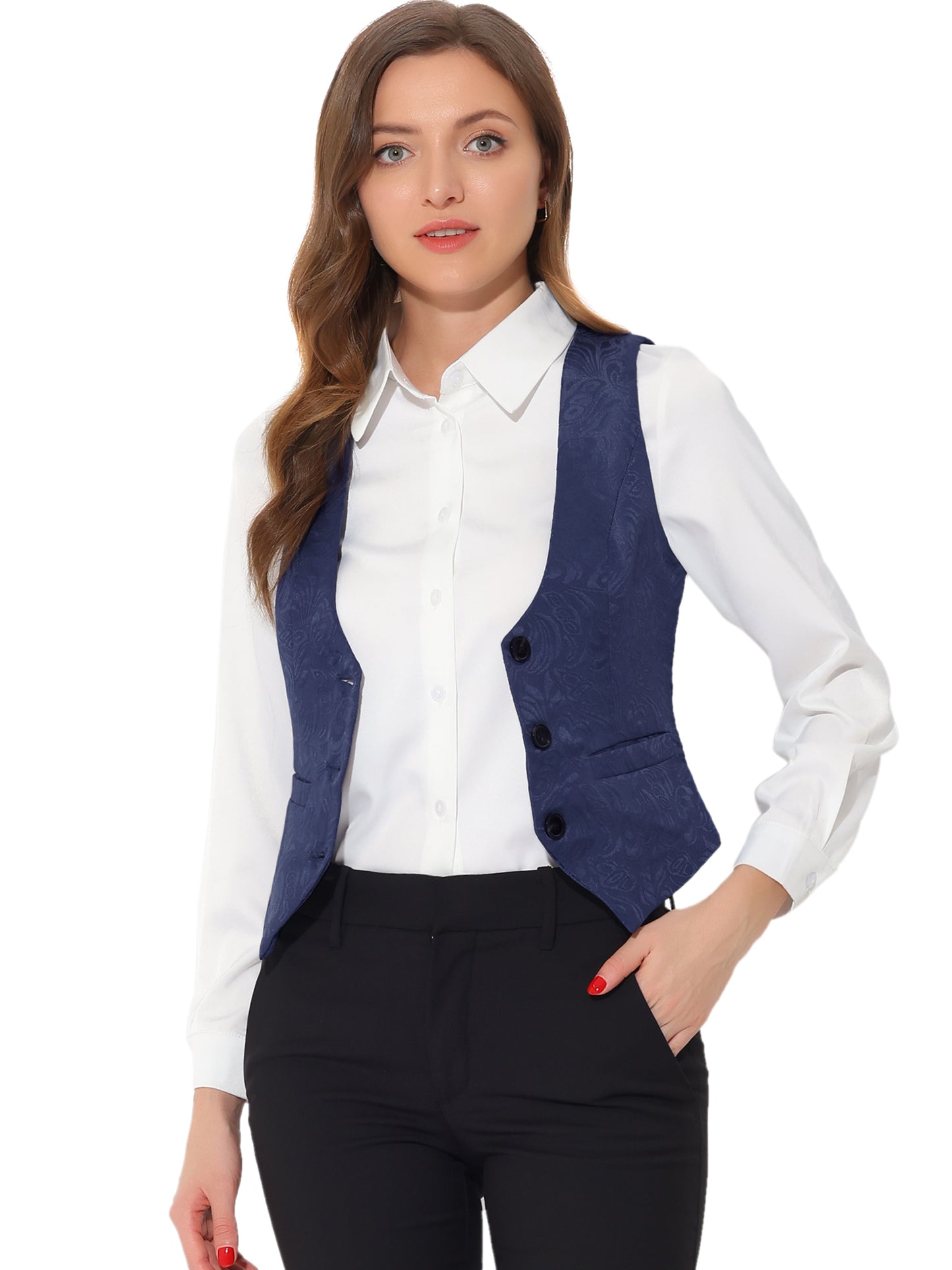 Women's Vintage Button Up Jacquard Steampunk Suit Waistcoat Vest with Pockets (Available in Plus Size)