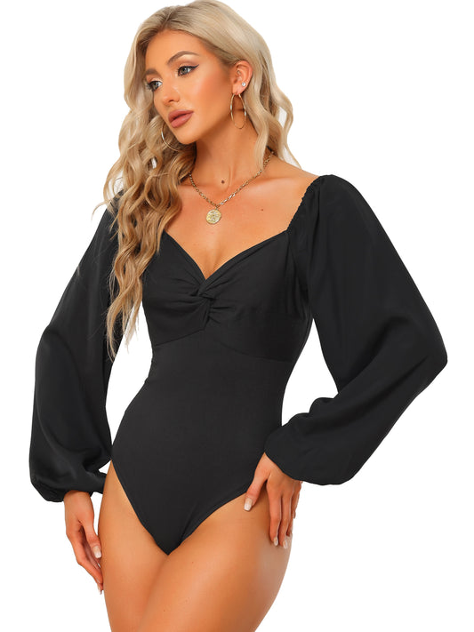 Women's Sweetheart Square V Neck Puff Sleeve Long Sleeve Top Bodysuit