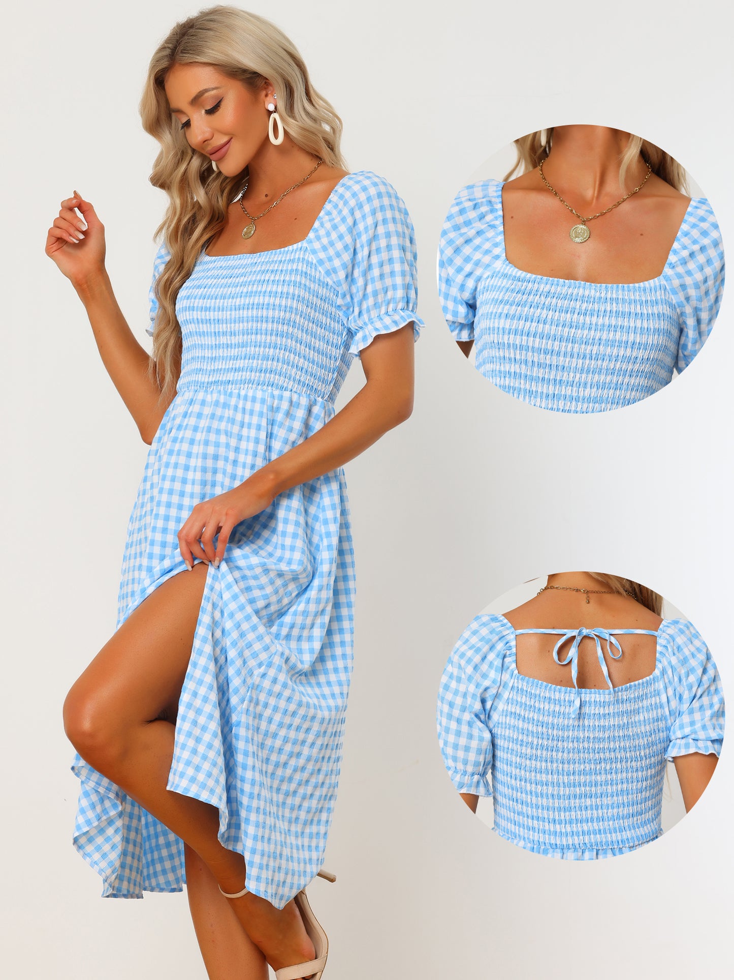 Women's Gingham Dress Peasant Smocked Puff Sleeve Checkered Fit and Flare Midi Dresses