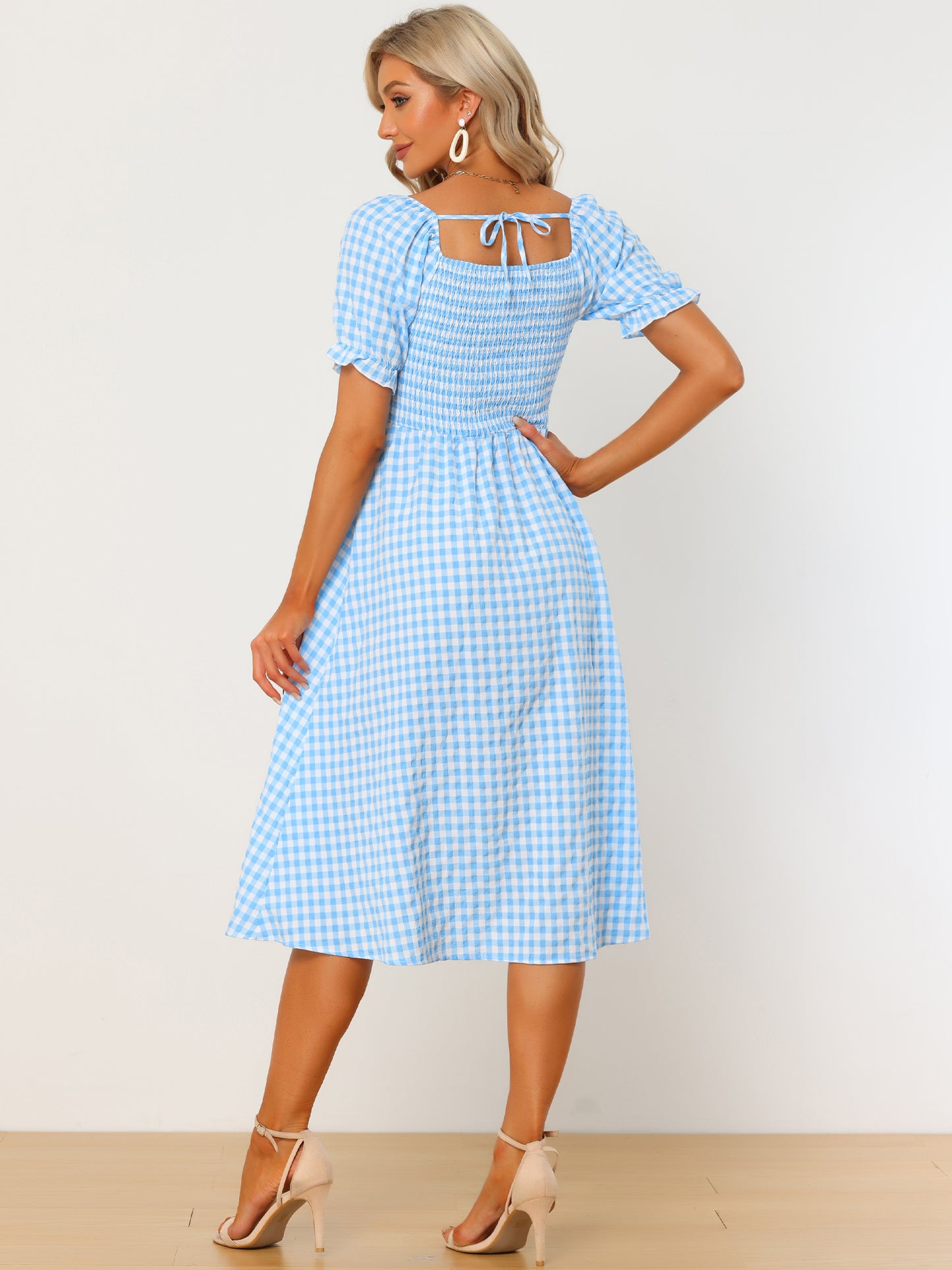 Women's Gingham Dress Peasant Smocked Puff Sleeve Checkered Fit and Flare Midi Dresses