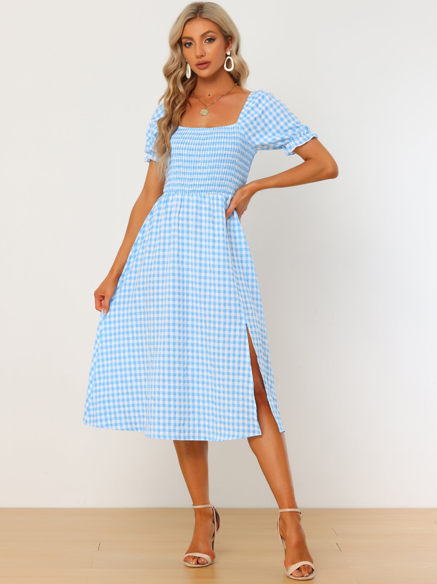 Women's Gingham Dress Peasant Smocked Puff Sleeve Checkered Fit and Flare Midi Dresses