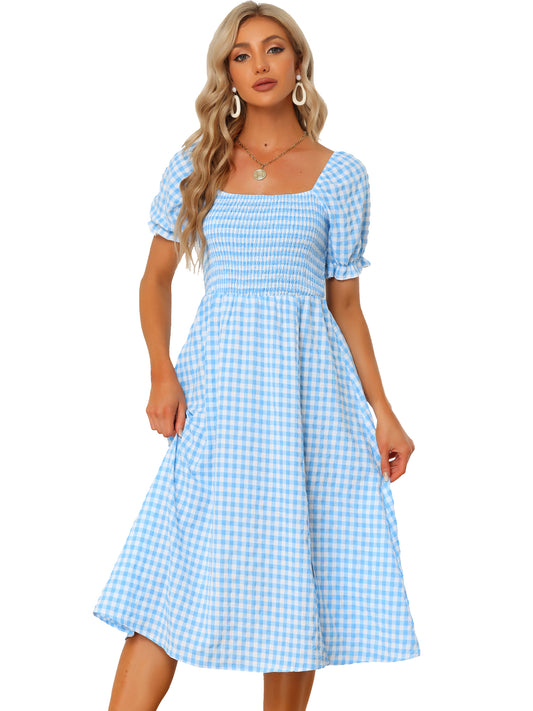 Women's Gingham Dress Peasant Smocked Puff Sleeve Checkered Fit and Flare Midi Dresses