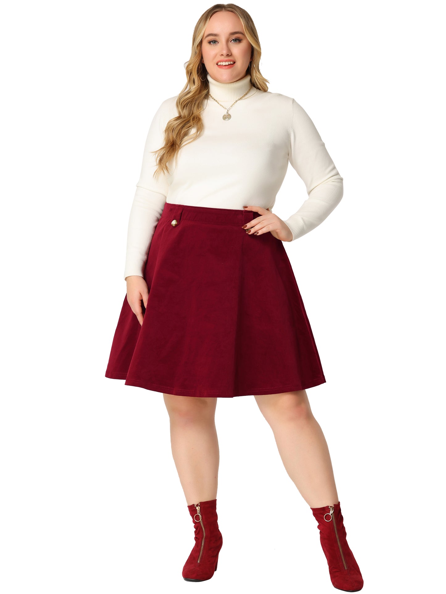 Women Plus Size Retro Corduroy Skirts Elastic Waist Button Decor Fall A-Line Mini Skirt