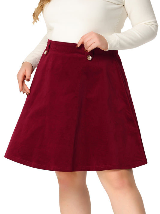 Women Plus Size Retro Corduroy Skirts Elastic Waist Button Decor Fall A-Line Mini Skirt