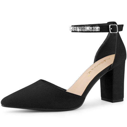 Women's Pointed Toe Rhinestone Ankle Strap Chunky Heels Pumps