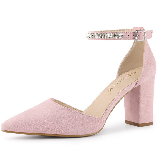 Zapatos de tacón grueso con tiras en el tobillo y punta puntiaguda de diamantes de imitación para mujer