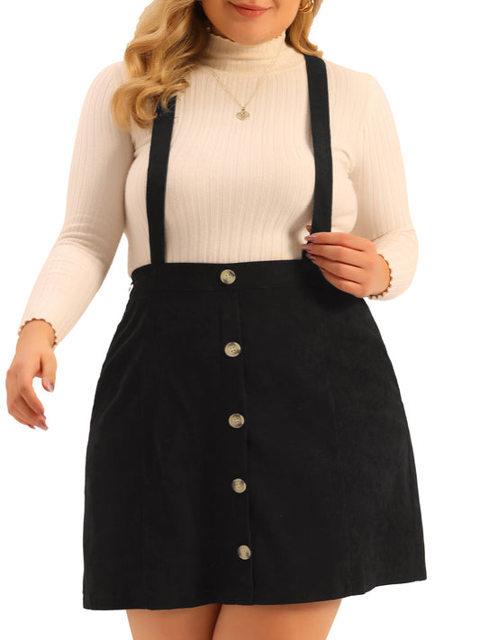 Falda de pana mini con tirantes, abotonada, acampanada y corte A para mujer, talla grande