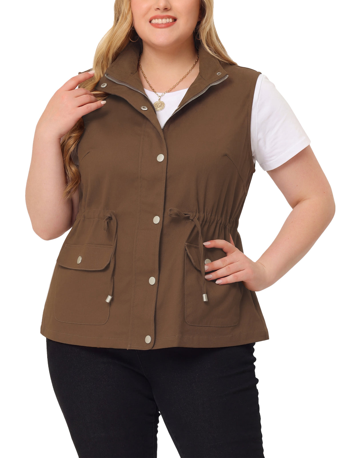 [PACK SALES] Women's Plus Size 2 Pieces Cargo Pocket Drawstring Waist Vest Jacket