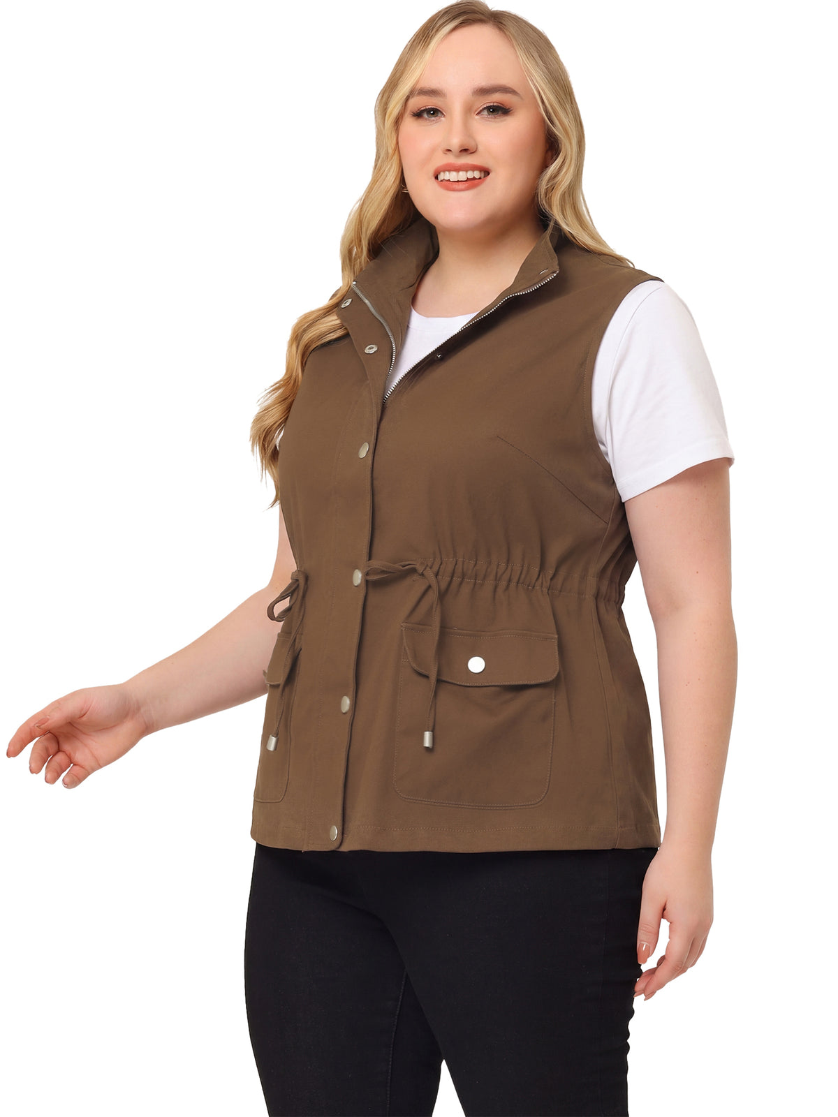 [PACK SALES] Women's Plus Size 2 Pieces Cargo Pocket Drawstring Waist Vest Jacket