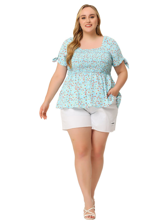 Women Plus Size Summer Top Square Neck Smocked Bow Tie Short Sleeve Peplum Blouse