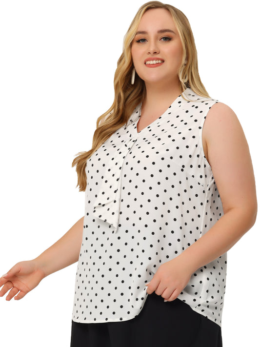 Women's Plus Size Polka Dots Summer V Neck Tie Neck Sleeveless Blouse Work Tank Top