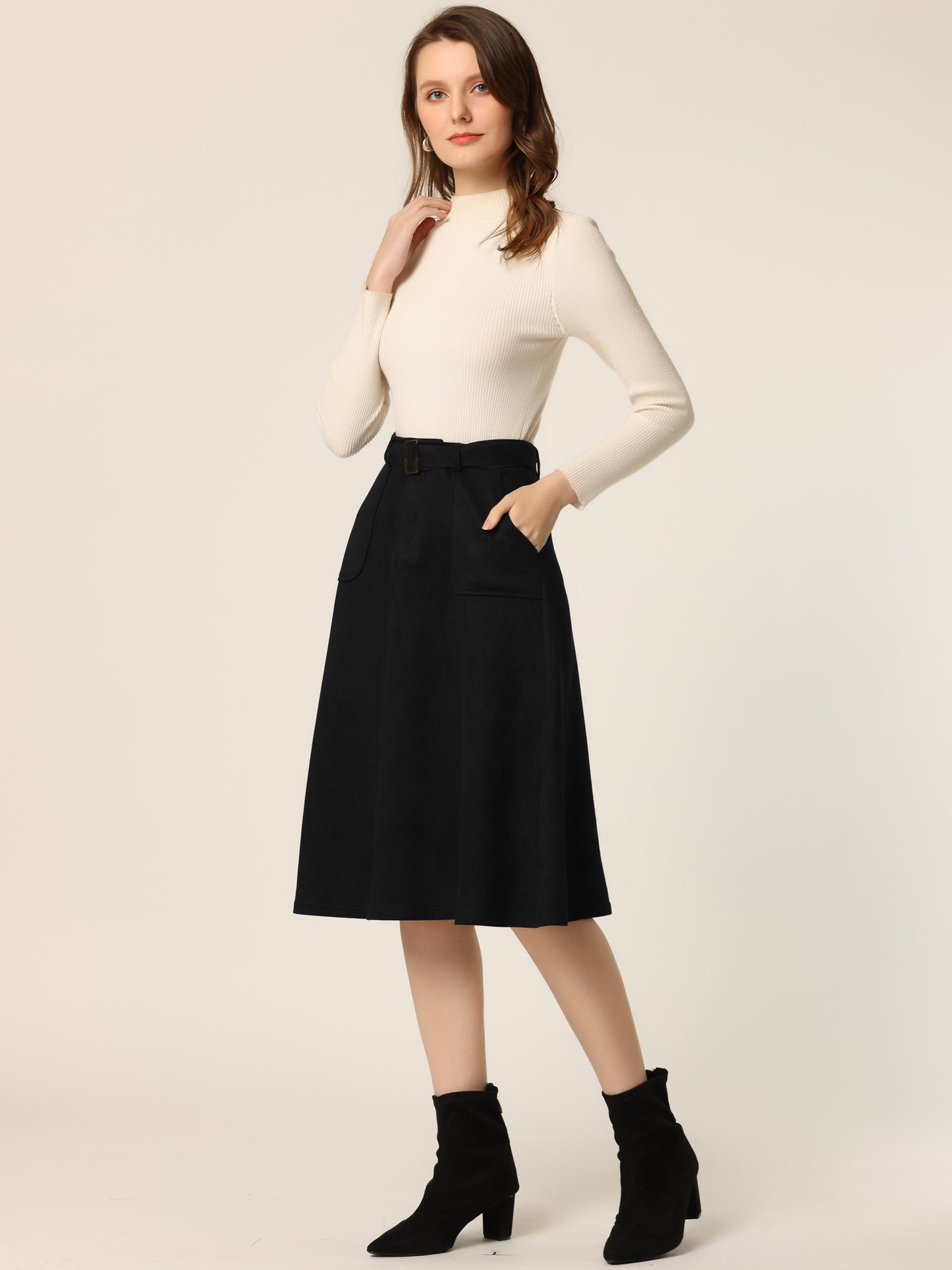 Falda midi elástica de ante sintético con bolsillos y cinturón para mujer