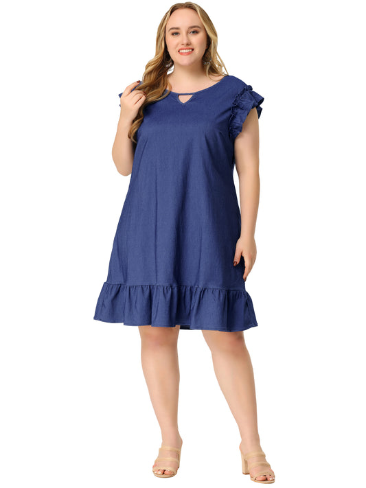 Women's Plus Size Summer Dresses Ruffle Hem Flared Short Sleeve V Neck Chambray Dress