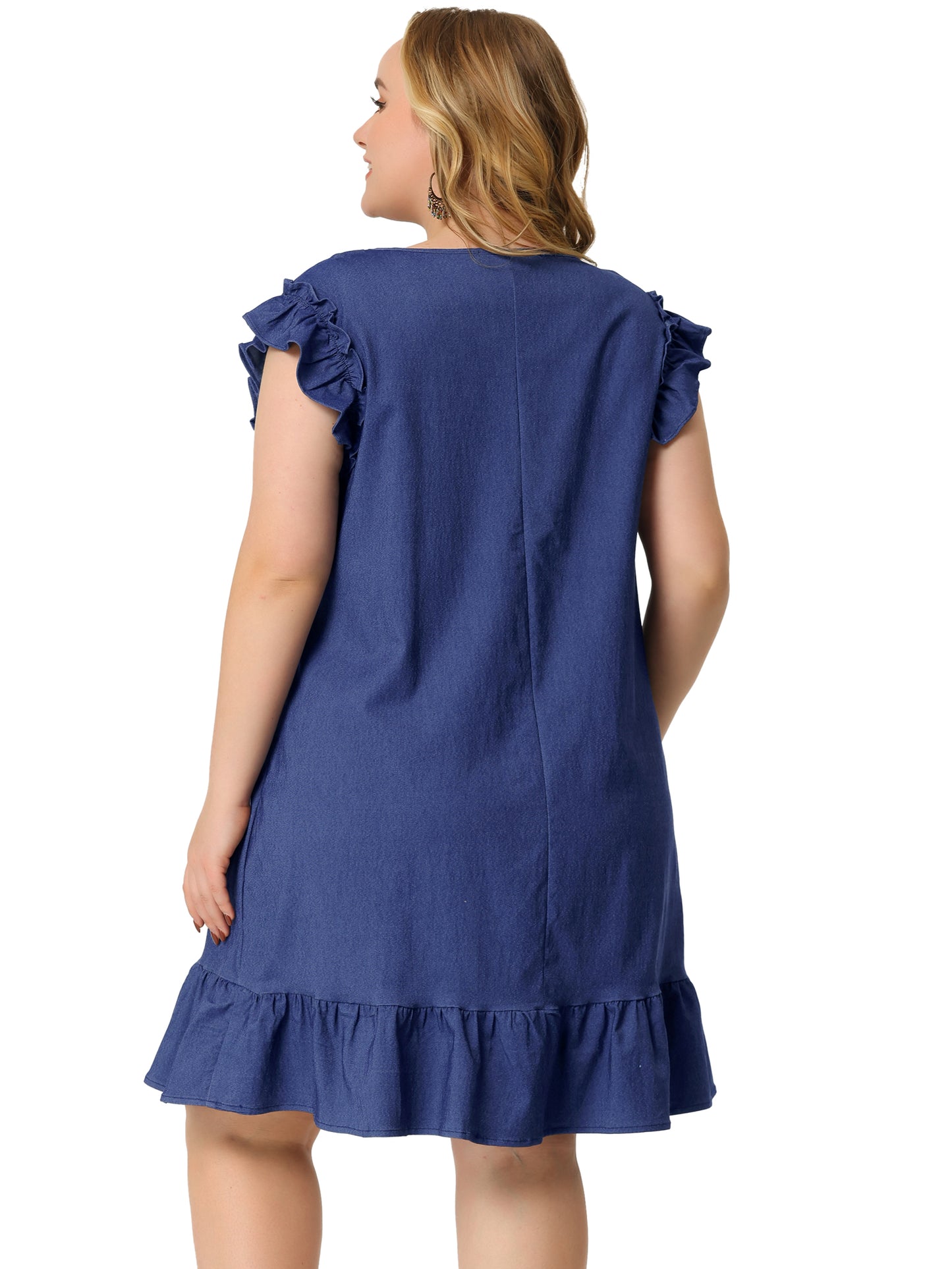 Women's Plus Size Summer Dresses Ruffle Hem Flared Short Sleeve V Neck Chambray Dress