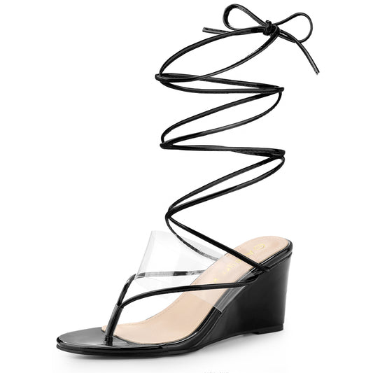 Women's Lace Up Clear Strap Flip Flops Wedge Sandals