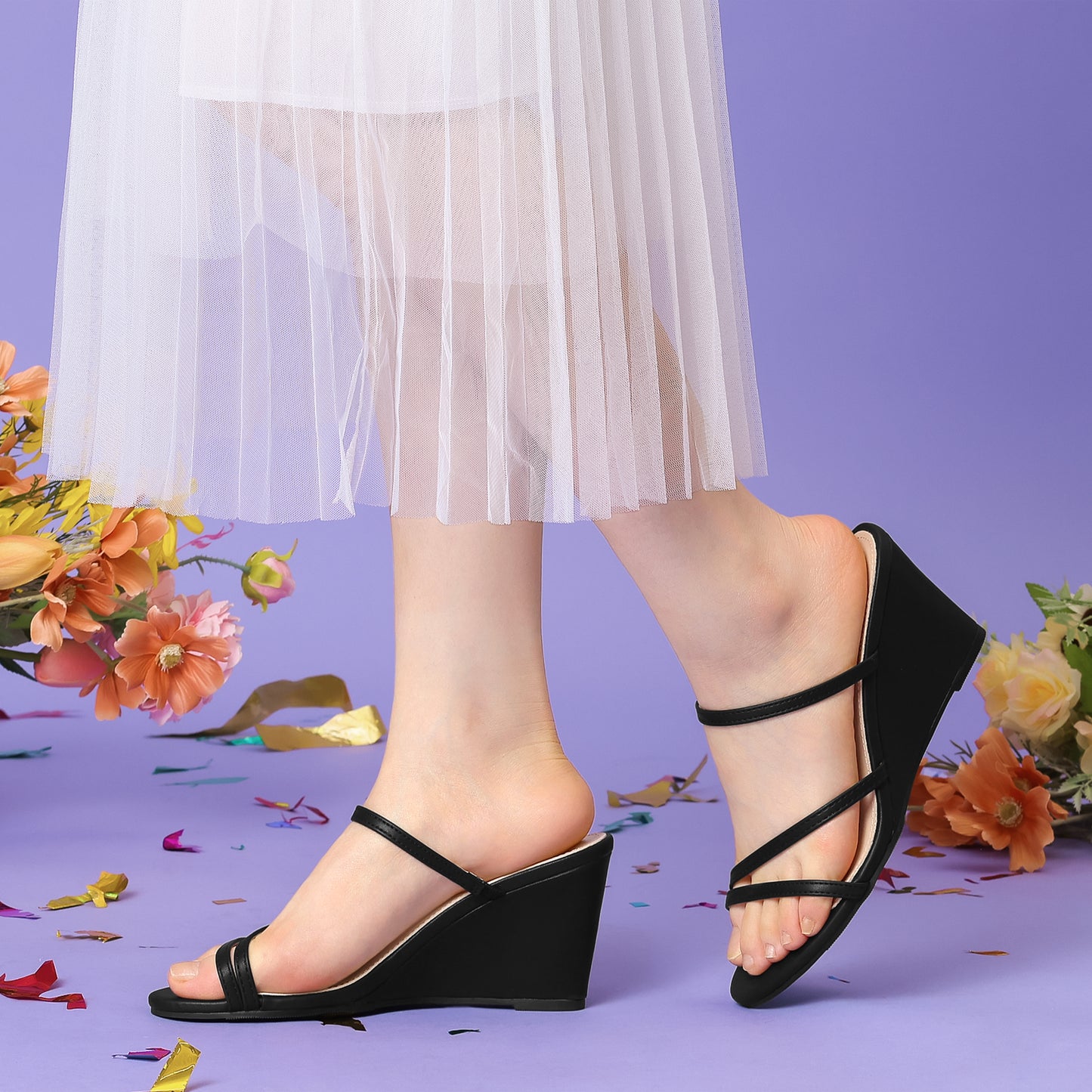 Women Strappy Low Wedges Slip On Wedge Heels Slide Sandals