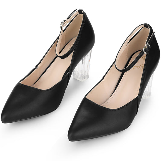 Zapatos de tacón grueso transparentes con tiras en el tobillo y punta puntiaguda para mujer