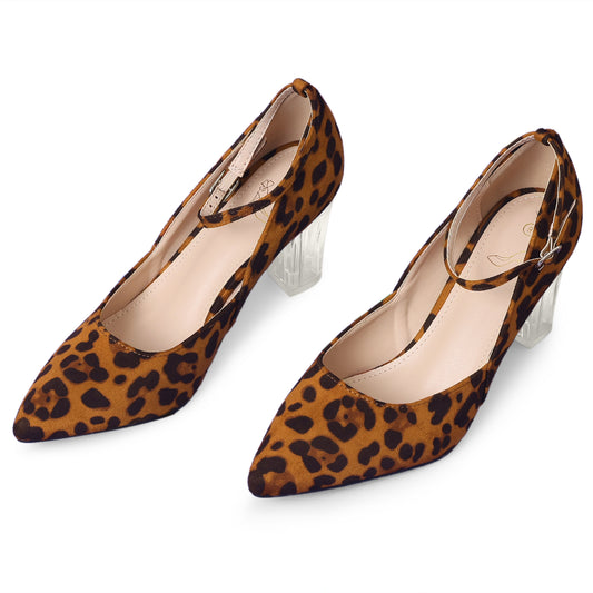 Zapatos de tacón grueso transparentes con tiras en el tobillo y punta puntiaguda para mujer